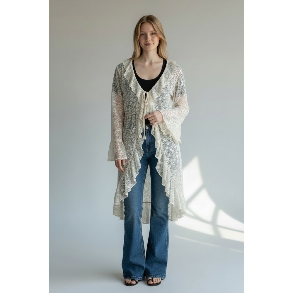 Vigoss Lace‎ Duster Cardigan sz L Ivory Ruffle Bell Sleeve Tboho coquette fairy
